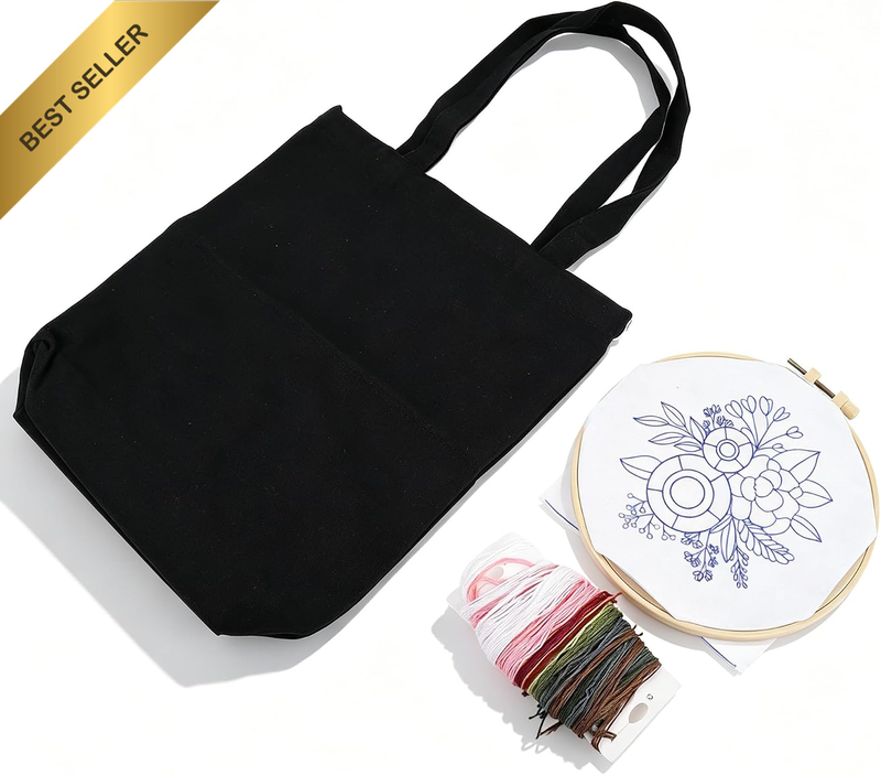 Canvas Tote Bag Embroidery Kit, Complete DIY Needlepoint Craft Kit for Beginners