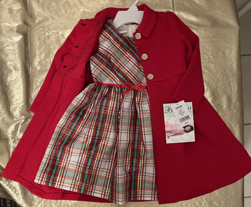 NWT Bonnie Jean Red Gold Green Plaid Christmas Dress Set + Solid Red Coat Size 5