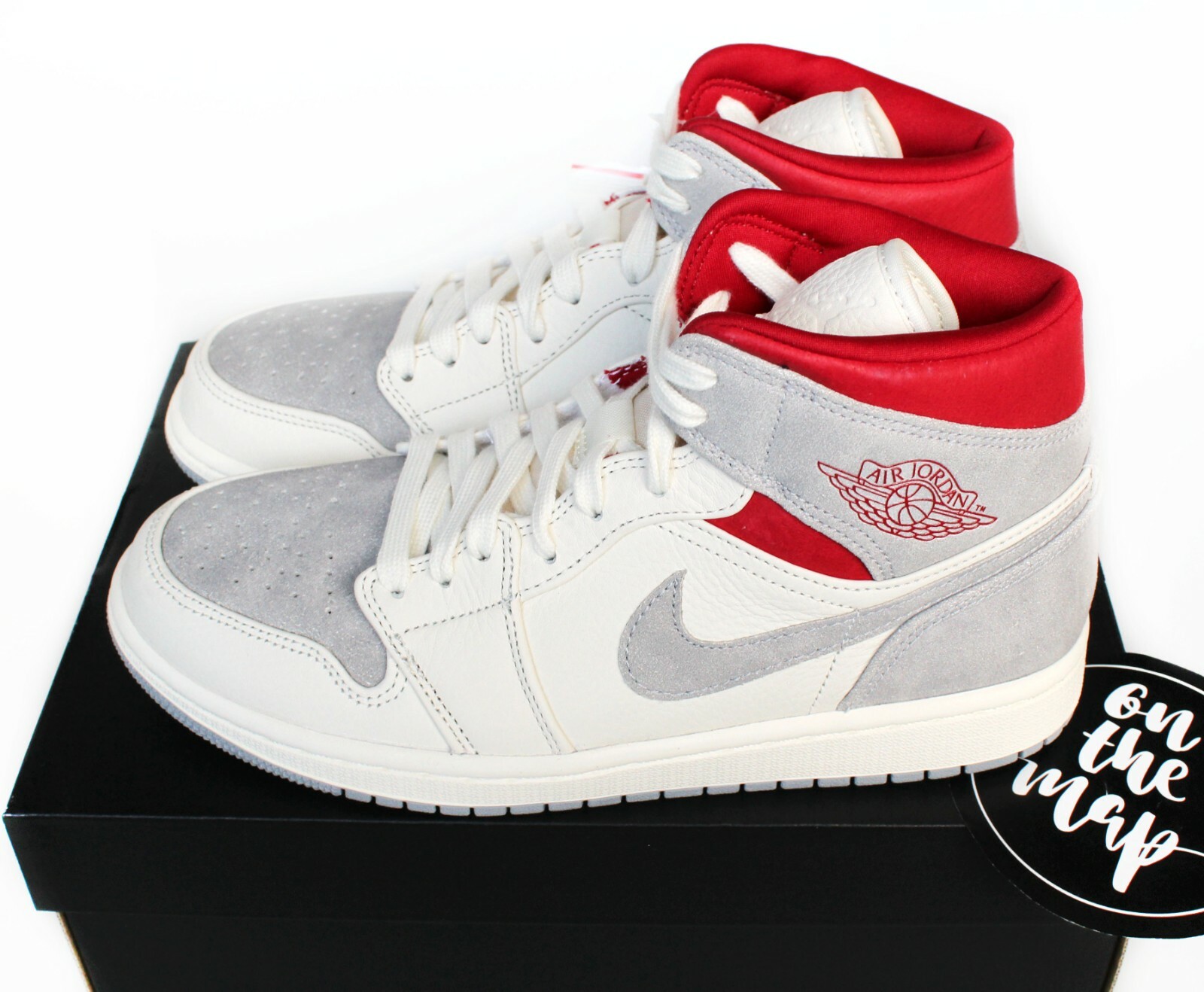 Nike Air Jordan 1 Retro Mid PRM SNS White Wolf Grey Red UK 5 Nike Air Jordan 1 Retro Mid PRM SNS White Wolf Grey Red UK 5