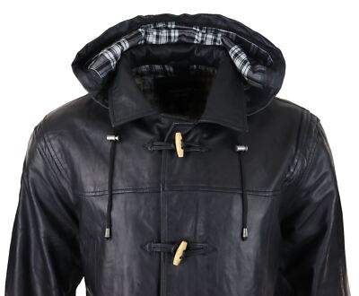 Pre-owned Truclothing Mens Black Real Leather Duffle Jacket Coat Toggle Classic Fisherman Hooded 3/4