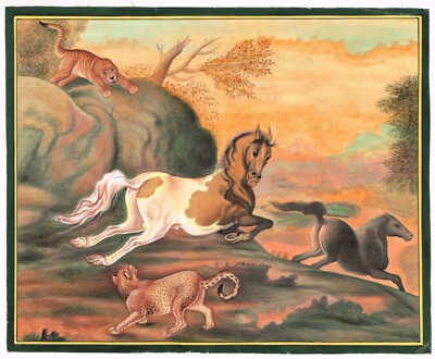 Wildlife Art Painting of Horse And Panther Fight Scene 10.5x8.5 Inches