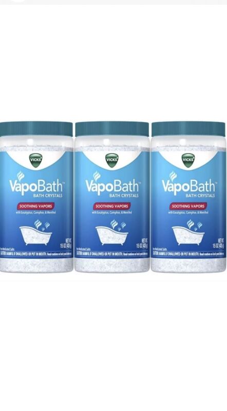 3 Pack Vicks VapoBath Bath Crystals Soothing Vapors W Eucalyptus Menthol, 15 oz