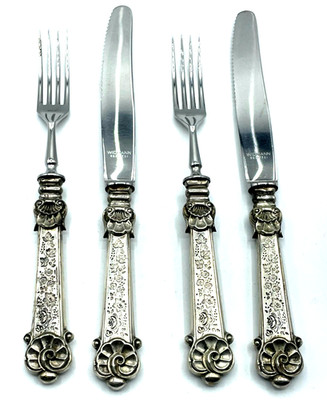 Antik 2 Gabel + 2 Messer mit Silber Griff wunderschönes Renaissance Dekor gepfl.