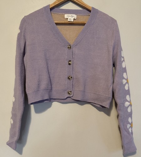 Jessica Simpson Cropped Sweater Purple Daisy Sleeve Button