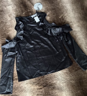 Line & Dot size Small black satin long sleeve ruffle cut out shoulder top NWT