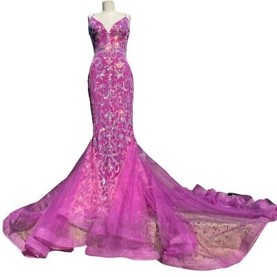 Clarisse Sparkle V-Neck Prom Maxi Gown Fuschia Size 4 NWT