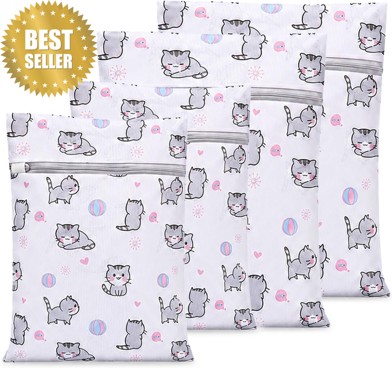 Mesh Laundry Bags for Delicates - Set of 4 Lingerie Wash Bags with Cute Cat Prin