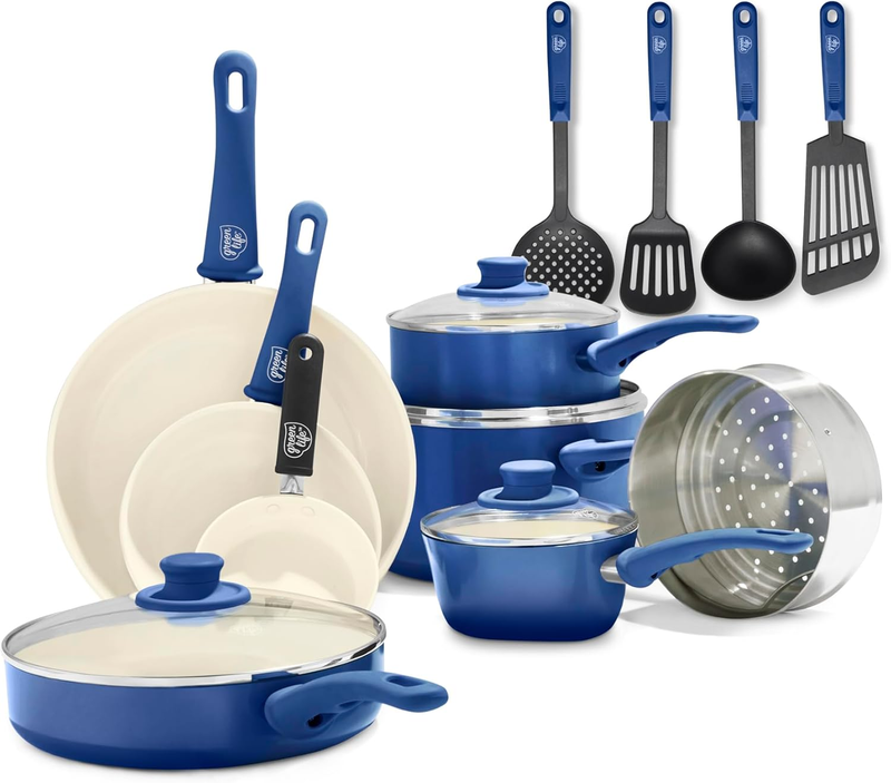 Soft Grip 16 Piece Cookware Set, Non-Toxic Pfas-Free Ceramic Nonstick, Frying, Sauce, Saute, Utensils, Glass Lids, Stay-Cool Handles, Wobble Free, Dishwasher & Oven Safe, Blue