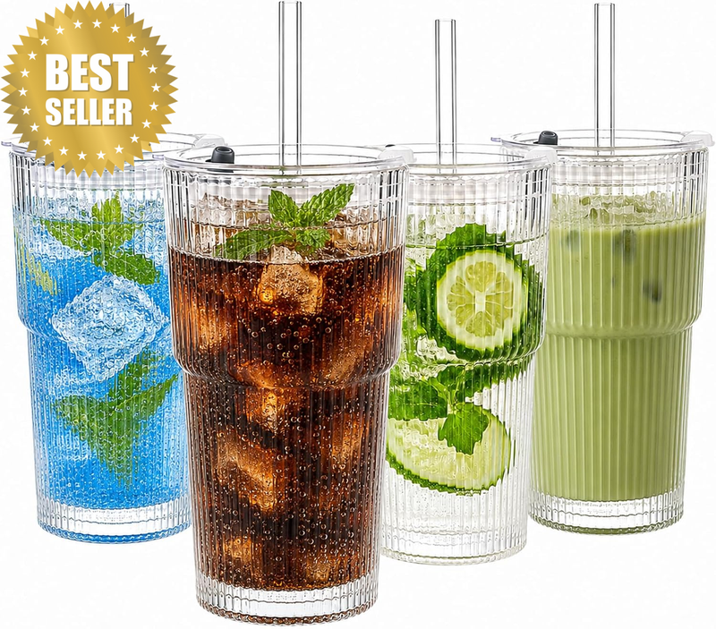 4 Packs Ribbed Glass Iced Coffee Cups with Lids and Glass Straws 600Ml Reusable