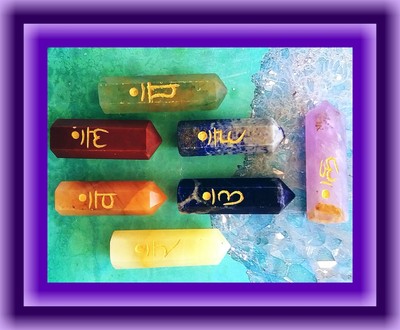 CHAKRA WAND SET, SANSKRIT ENGRAVED CHAKRA CRYSTAL WAND SET, 7 PIECE WAND SET
