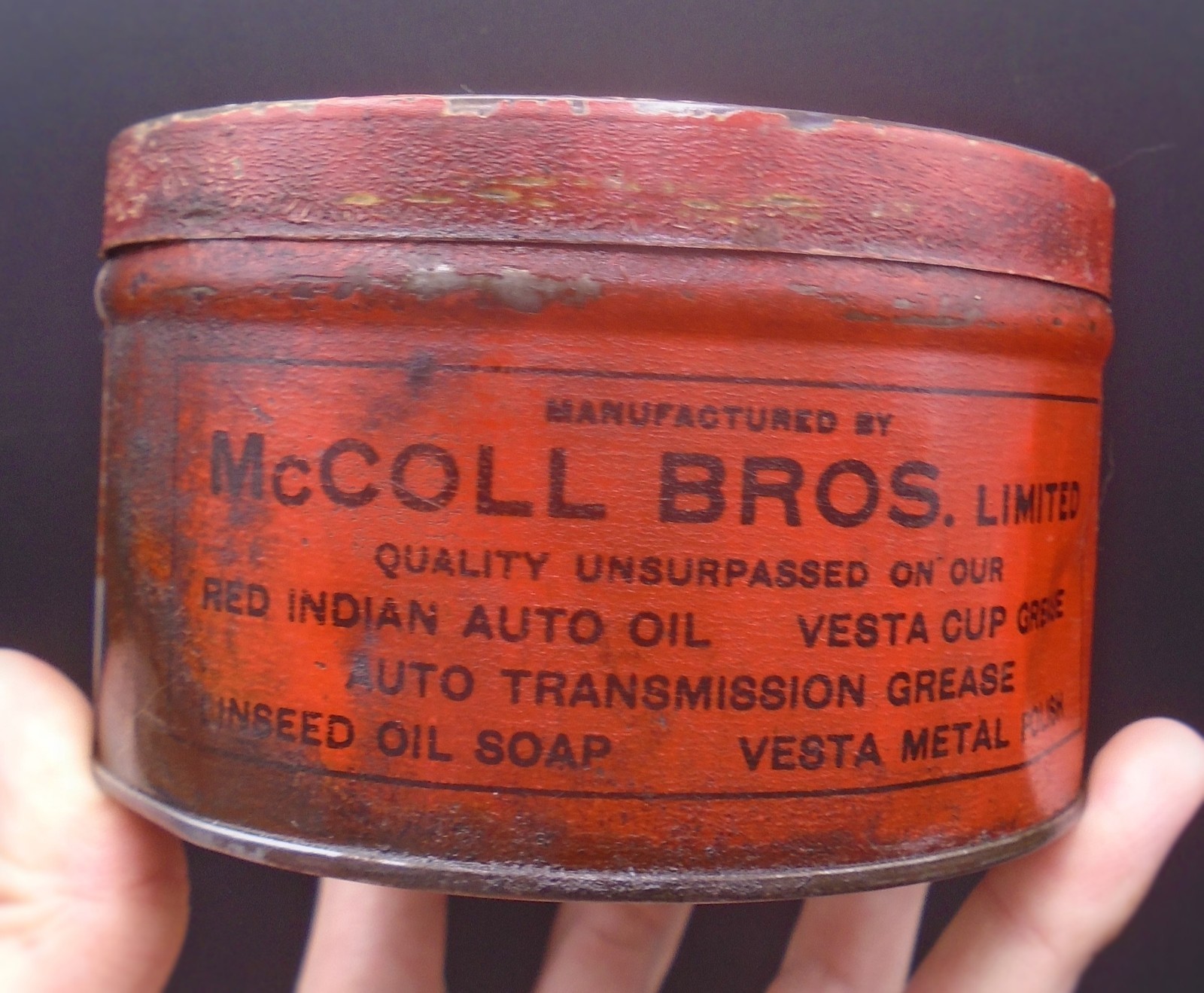 ULTRA RARE 1920's VINTAGE McCOLL BROS VESTA CUP GREASE CAN ***RED INDIAN OIL***