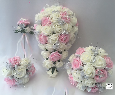Wedding Flowers Ivory Rose Crystal Bouquet, Bride Bridesmaid, bouquets pink Wand