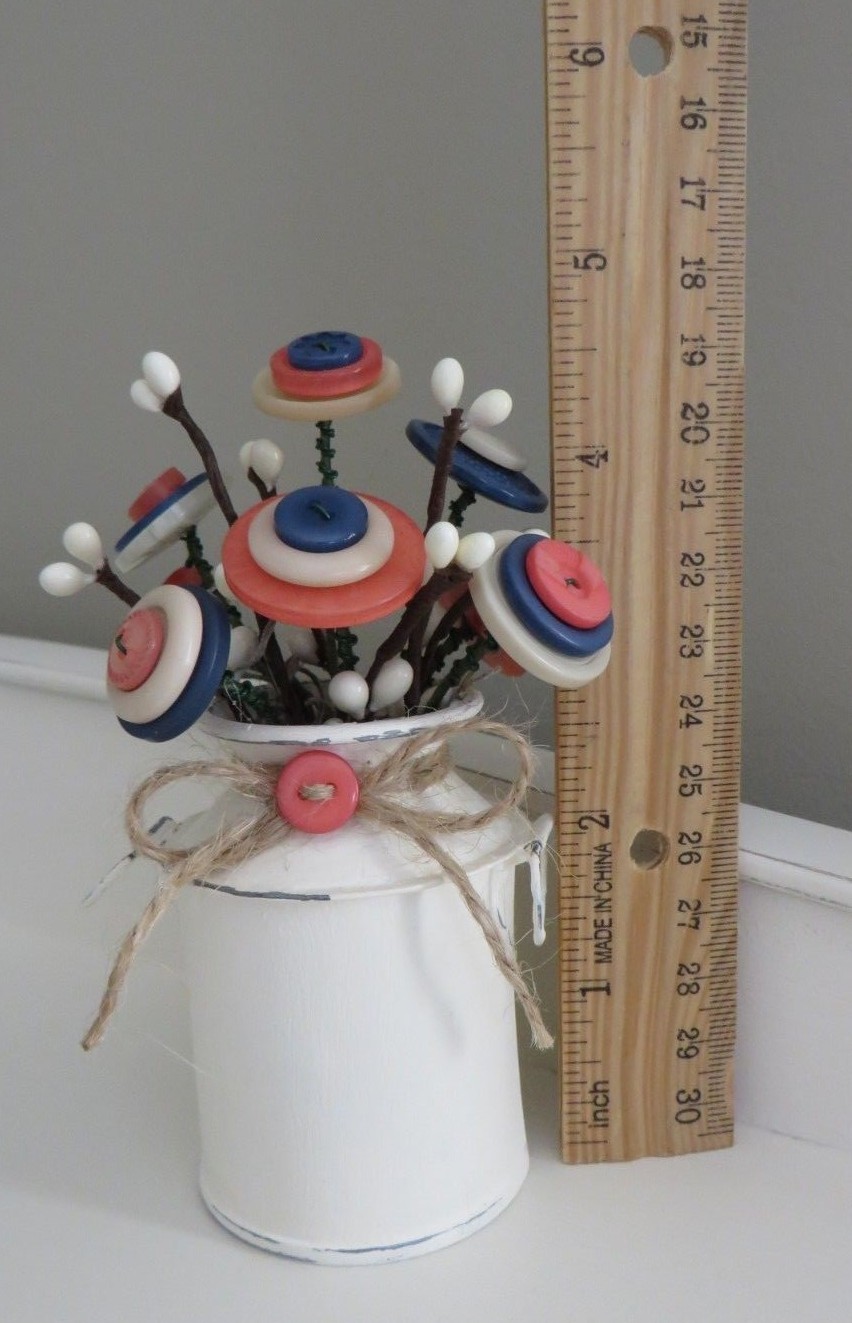 Button Flower Bouquet in Mini Milk Can (Rustic Decor Painted Ivory) - Item #176