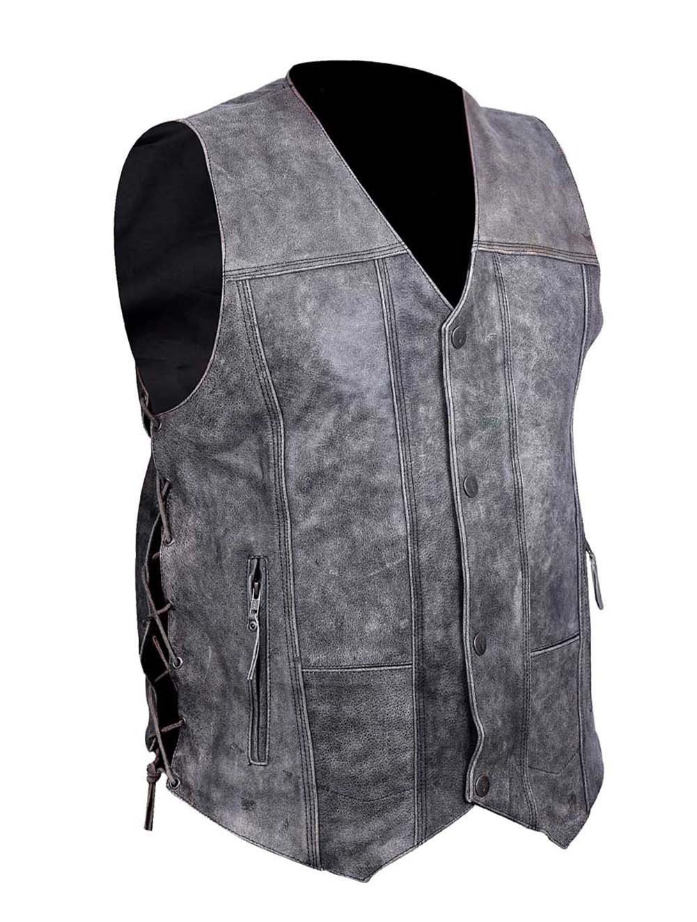 Mens Motorcycle Riding 10 Pocket Distressed Grey Biker Leather vest