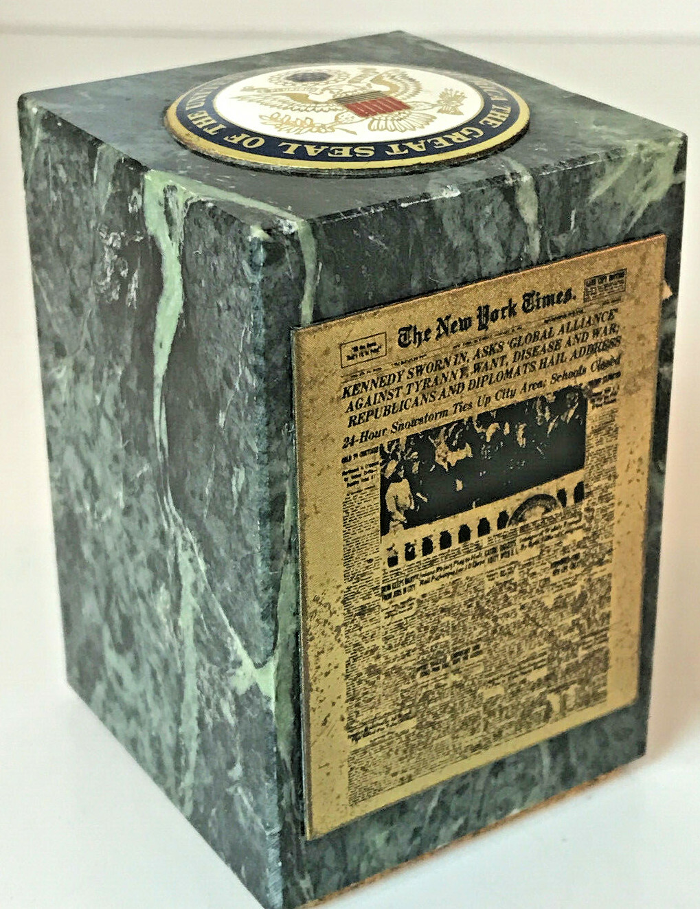 Great Seal Of The United States JFK Library Green Marble Paperweight