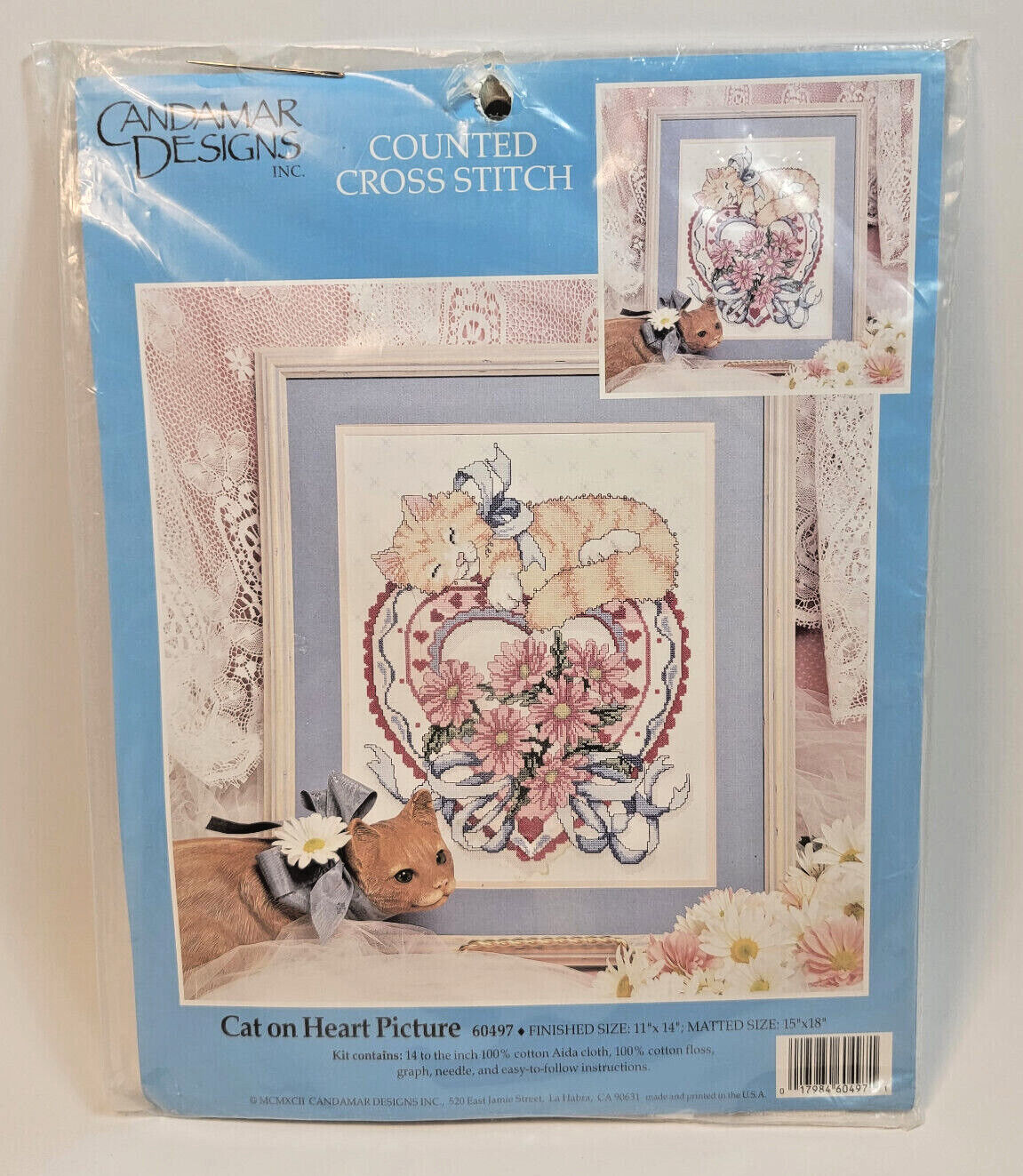 Vintage 1992 Candamar Designs Cat On Heart 60497 Counted Cross Stitch Kit  New