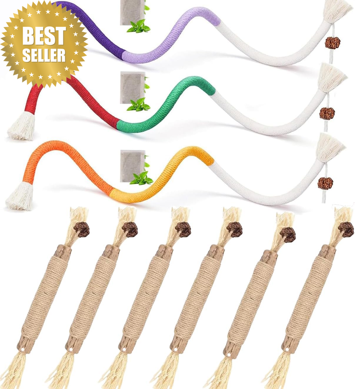 Silvervine Chew Sticks and Bent Cat Rope Toys, 6 Pack Natural Wood Sticks with 3