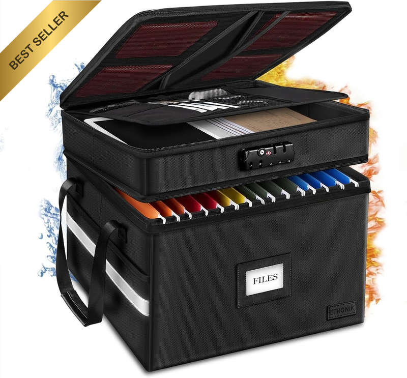 Fireproof Document Box with Lock, 2 Layer File Cabinet Organizer with 5 Tab Inse