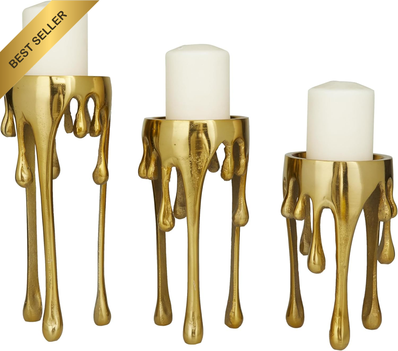 Deco 79 Aluminum Pillar Candle Holder with Dripping Melting Designed Legs, Set o