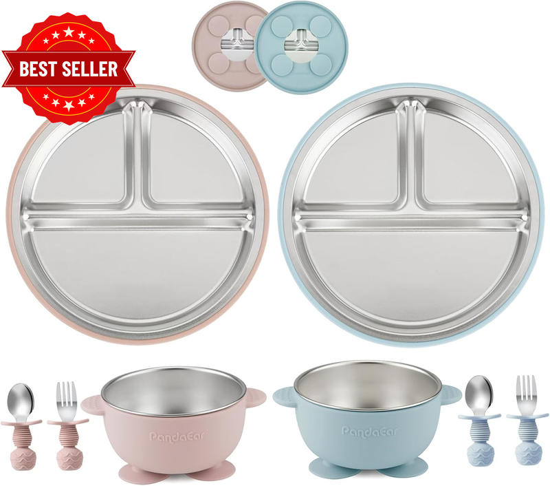 8PCS Baby Feeding Set | Stainless Steel Suction Plates and Bowls with Silicone F