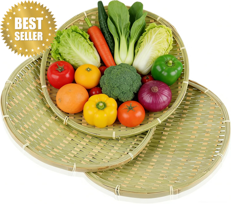 3 Packs 12 Inch Bamboo Basket Tray, round Hand Weave Bread Baskets for Serving,