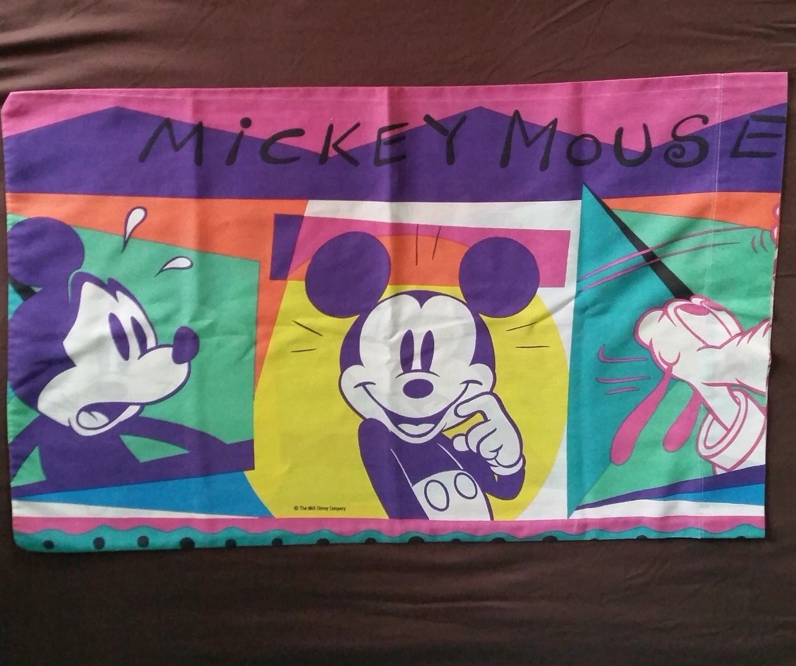 Vintage Disney Pillowcase Mickey Mouse Pluto Fabric Bright Pink Purple Moods 90s