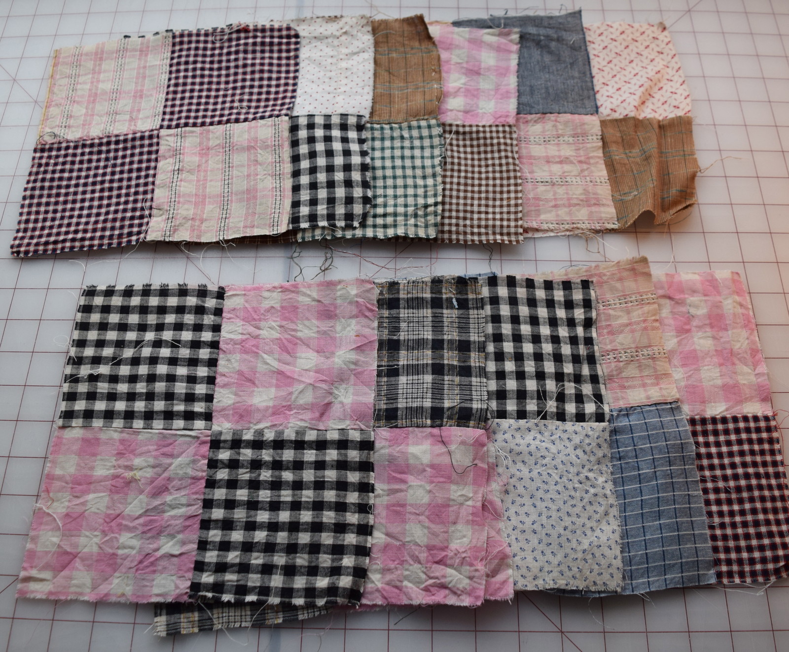 12 1900-20 4 Patch Quilt blocks, beautiful thread dyed plaids, checks, prints