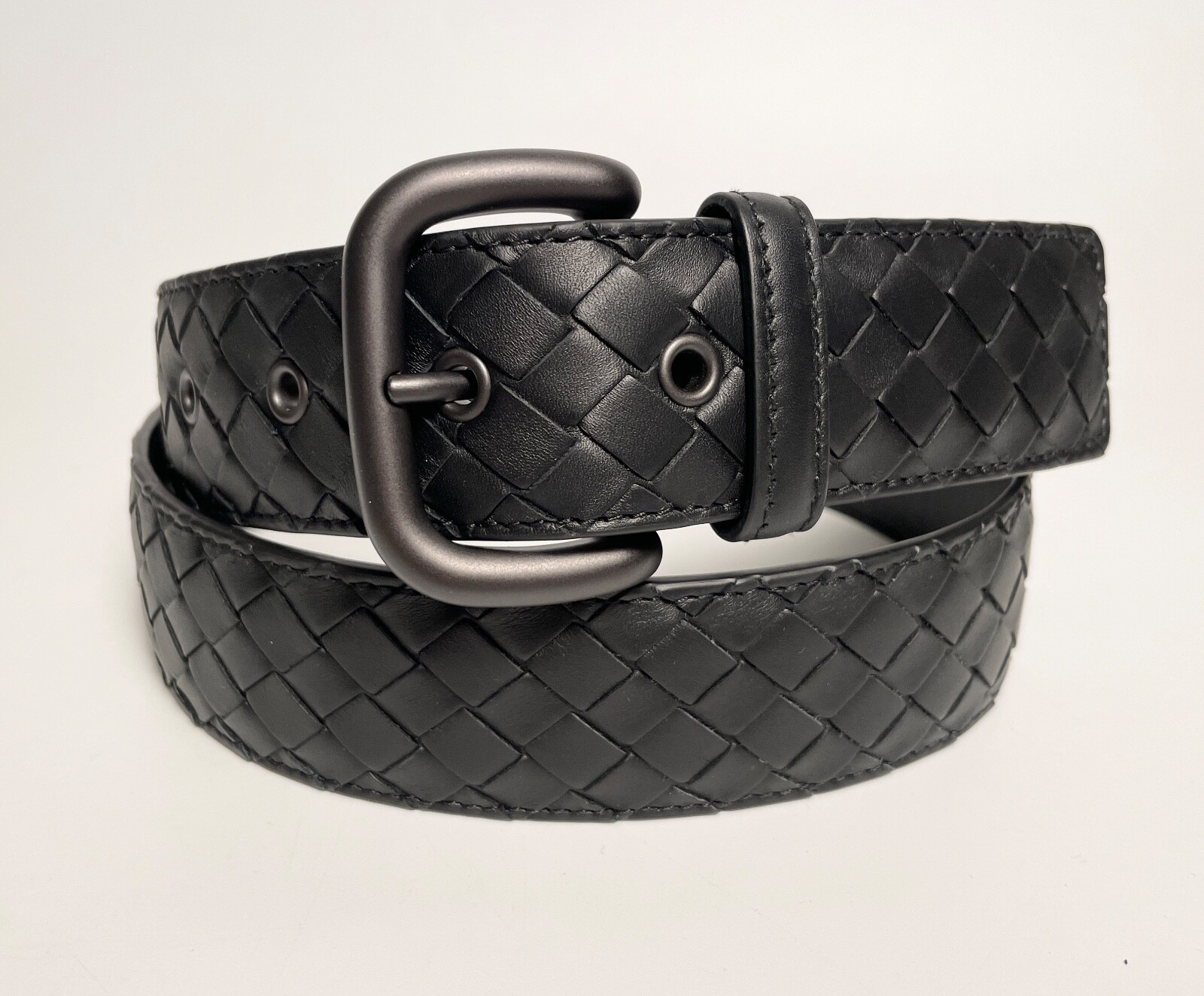 Pre-owned Bottega Veneta Intrecciato Calf Leather Men's Black Belt 173784