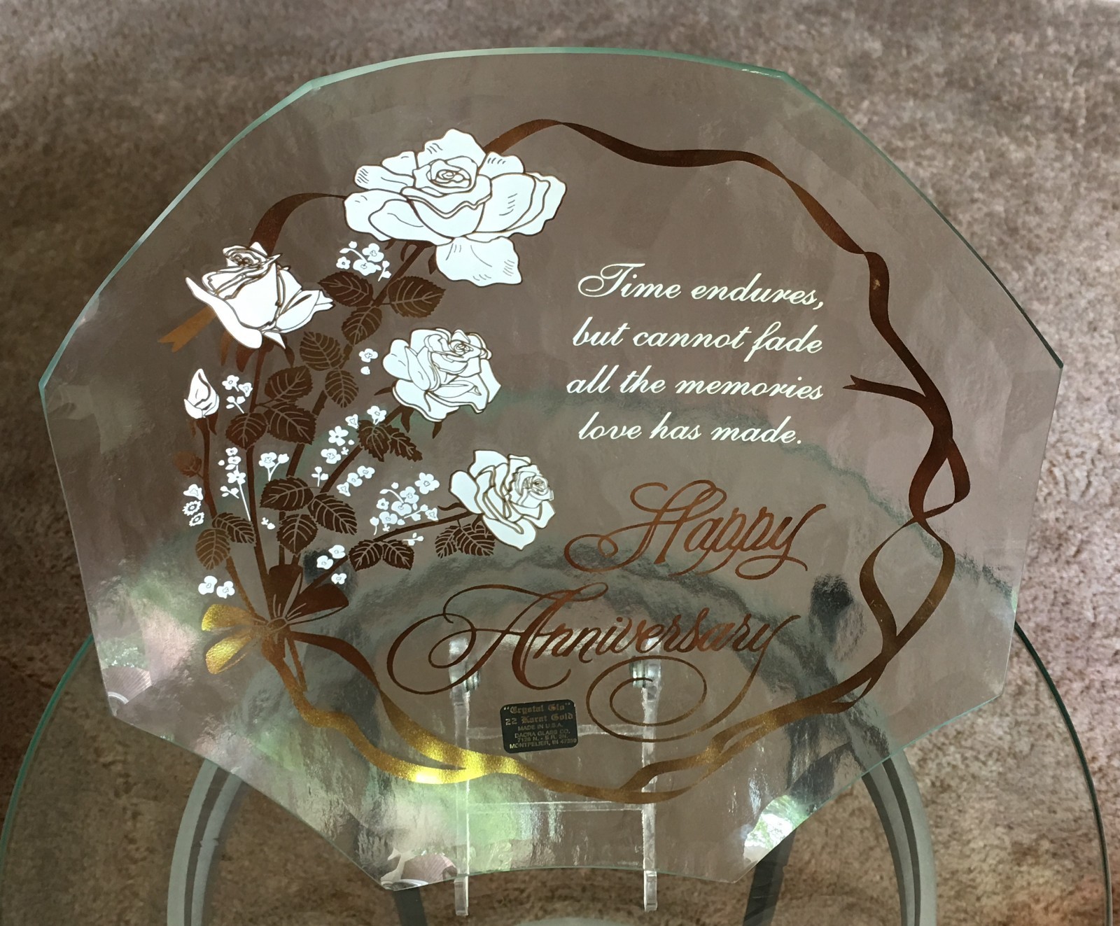 Dacra Happy Anniversary Clear Crystal Glo Glass Plate 22 Karat Gold 11.25