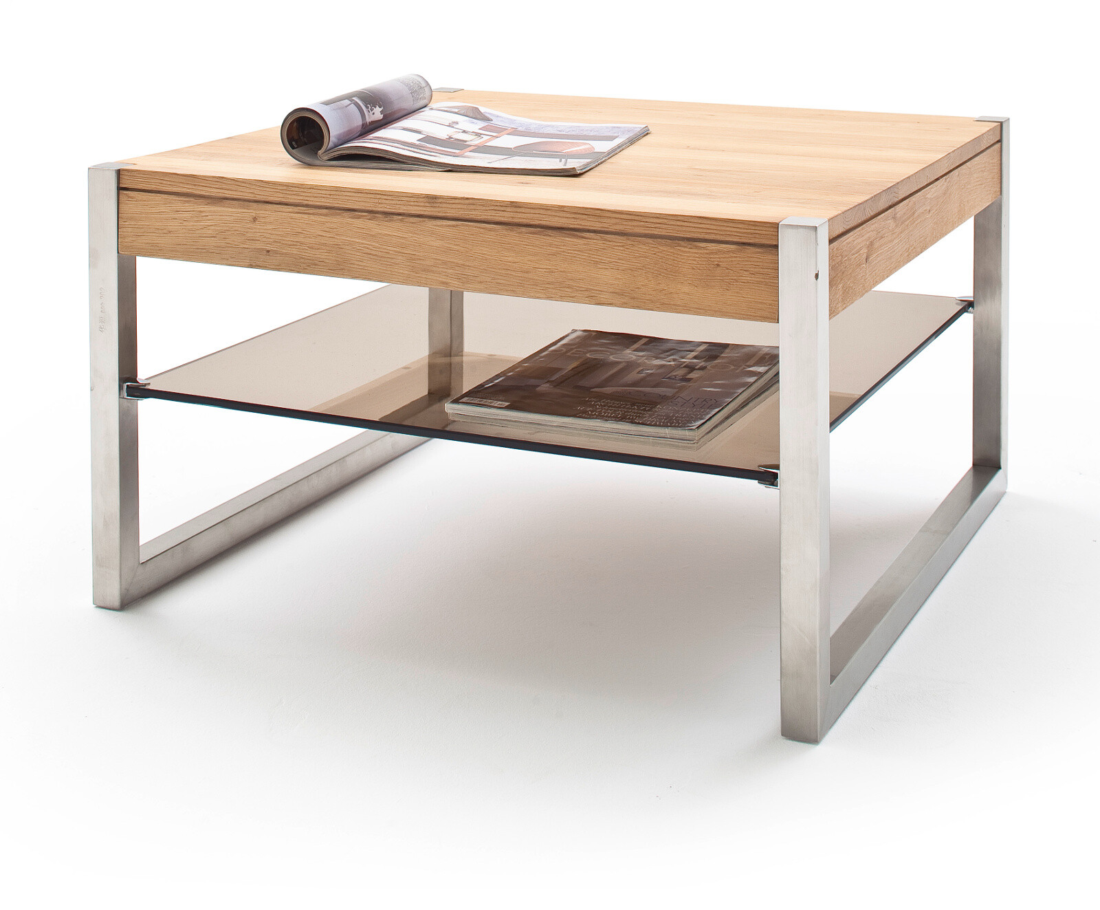 Couchtisch Eiche Asteiche massiv Edelstahl Wohnzimmer Tisch Ablage 65 x 65 Migel