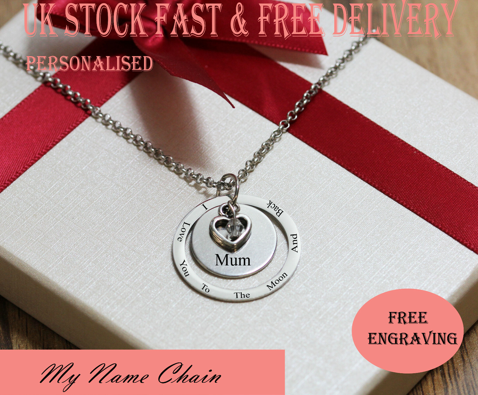 Personalised Ring Disc Pendant Engraved Name Necklace Silver Plated Gift Heart Ebay