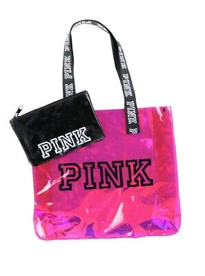Victoria Secret Pink CLEAR NEON IRIDESCENT RAINBOW JELLY BAG Pouch BEACH TRAVEL