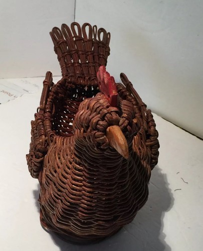 Brown Rooster Hen Chicken Miniature Rattan Wicker Woven Basket Folk Art VTG