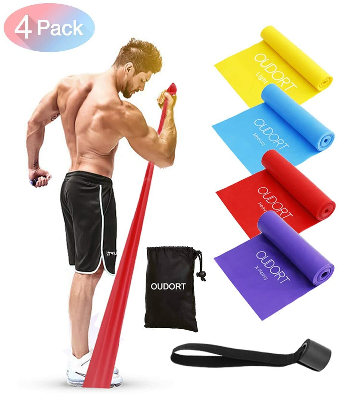 Oudort Lot de 4 bandes de résistance sans latex avec ancrage de porte pour