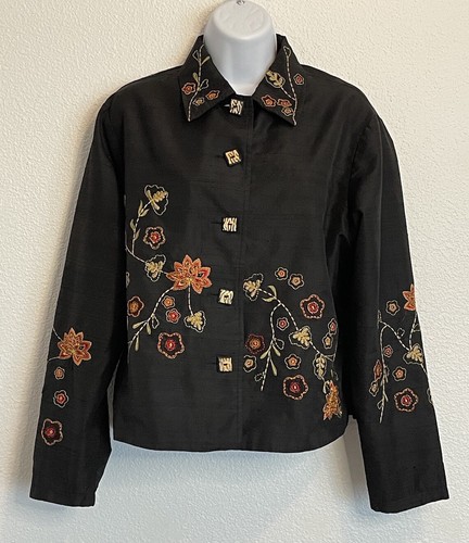 ジャケット・アウター AMERI VINTAGE FLOWER EMBROIDERY SHIRT Alexandria Pierce Blazer Blouse Black Silk Floral Embroidery