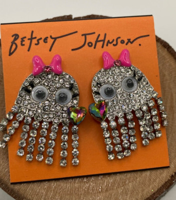 NWT Betsey Johnson Crystal Sparkly Ghost With Enamel Bow Drop Post Earrings