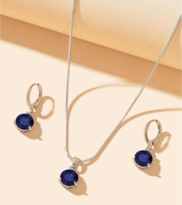 Womens Necklace Earrings Set Blue Pendant Drop Stainless Steel Fashion Jewelery