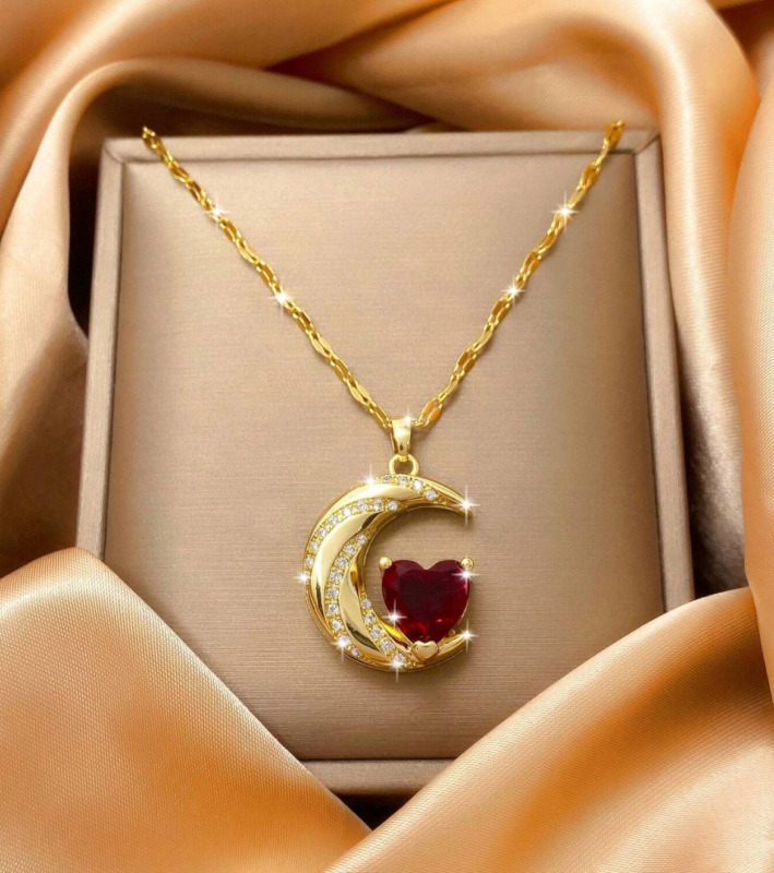Womens Necklace Heart Moon Pendant Gold Plated Stainless Steel Chain