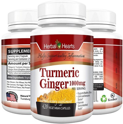 Turmeric Curcumin and Ginger Capsules - Fresh and Organic (420)- Herbal hearts