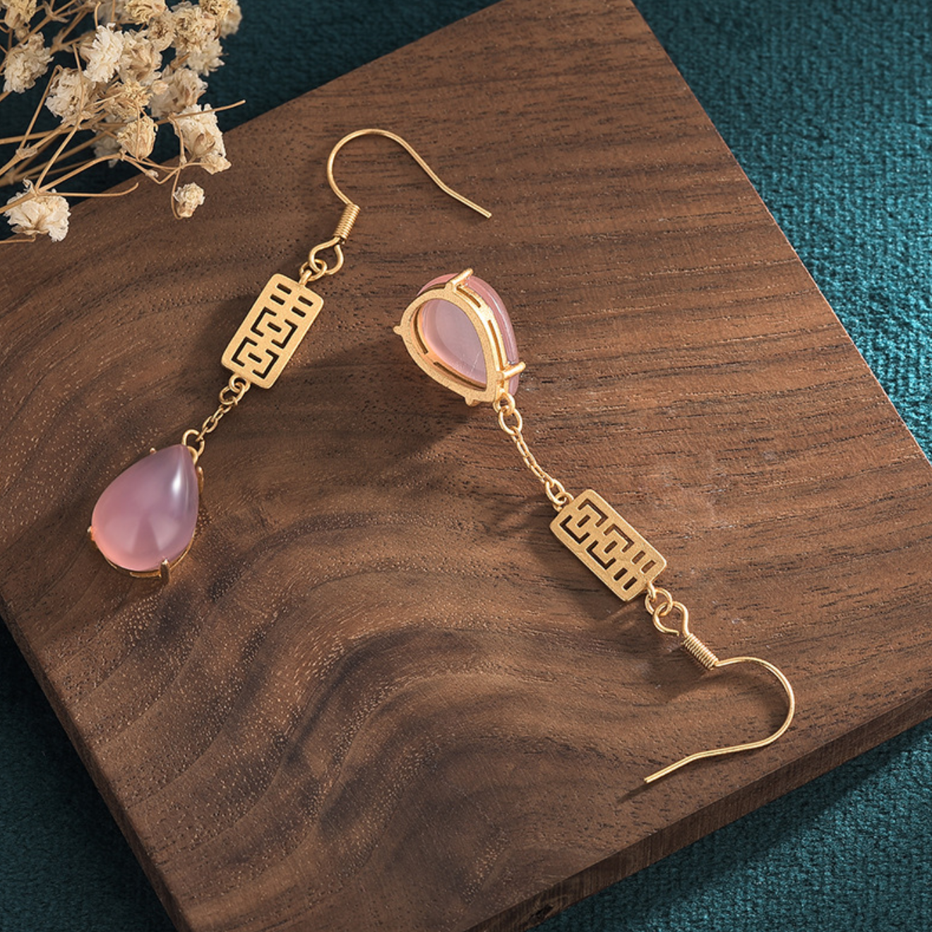 Pink Jade Drop Dangle Boho Earrings Ethnic Teardrop 18K Gold Plated Gemstone