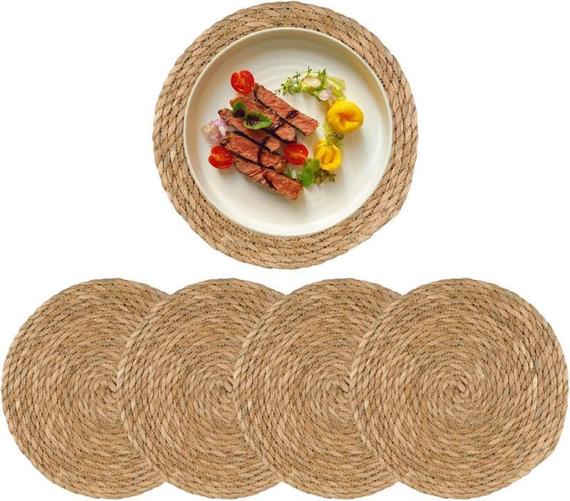 Round Woven Placemats Set of 4, 12" Boho Rattan Placemats Natural Hand-Woven Wat