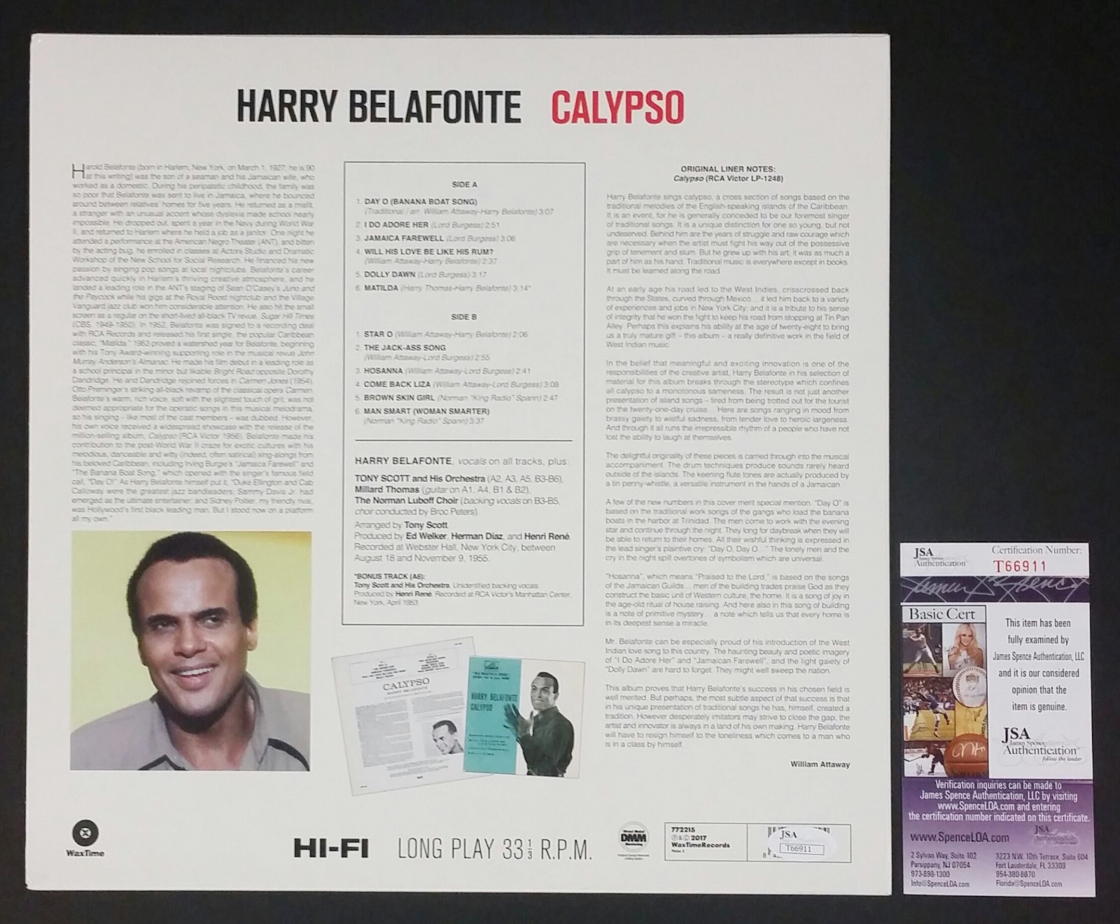 HARRY BELAFONTE SIGNED CALYPSO LP VINYL ALBUM JSA CERT T66911