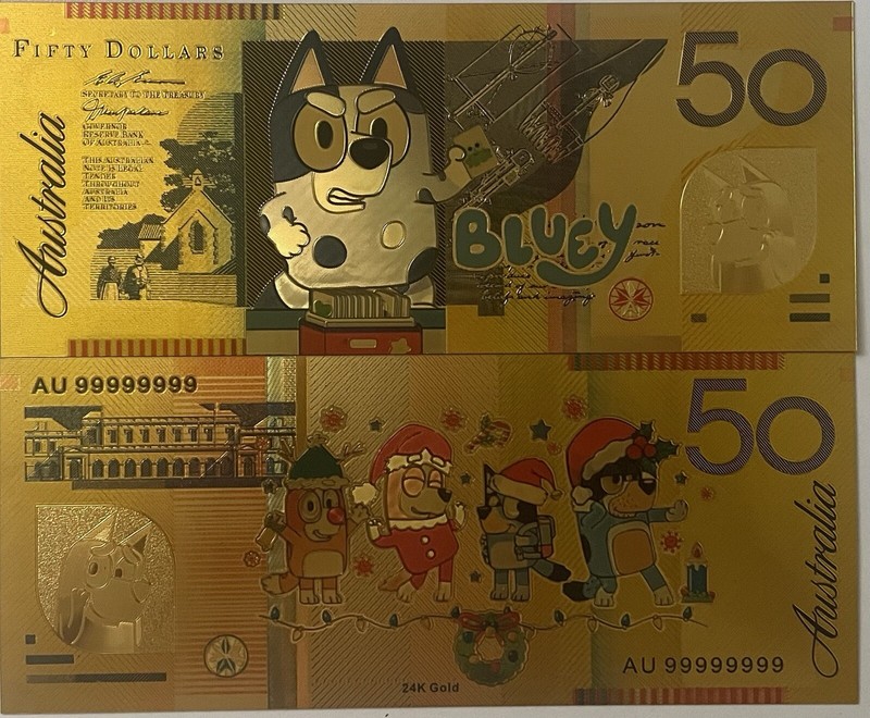 âBluey 50 Dollarbucks Australianâ Golden Foil Novelty Toy Note 2024 Mr Heeler.