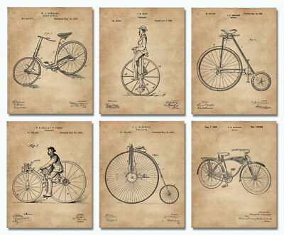 6 Bicycle Patent Wall Art Prints - 8x10 in. - Cycling Cyclist Gifts - Bike Decor