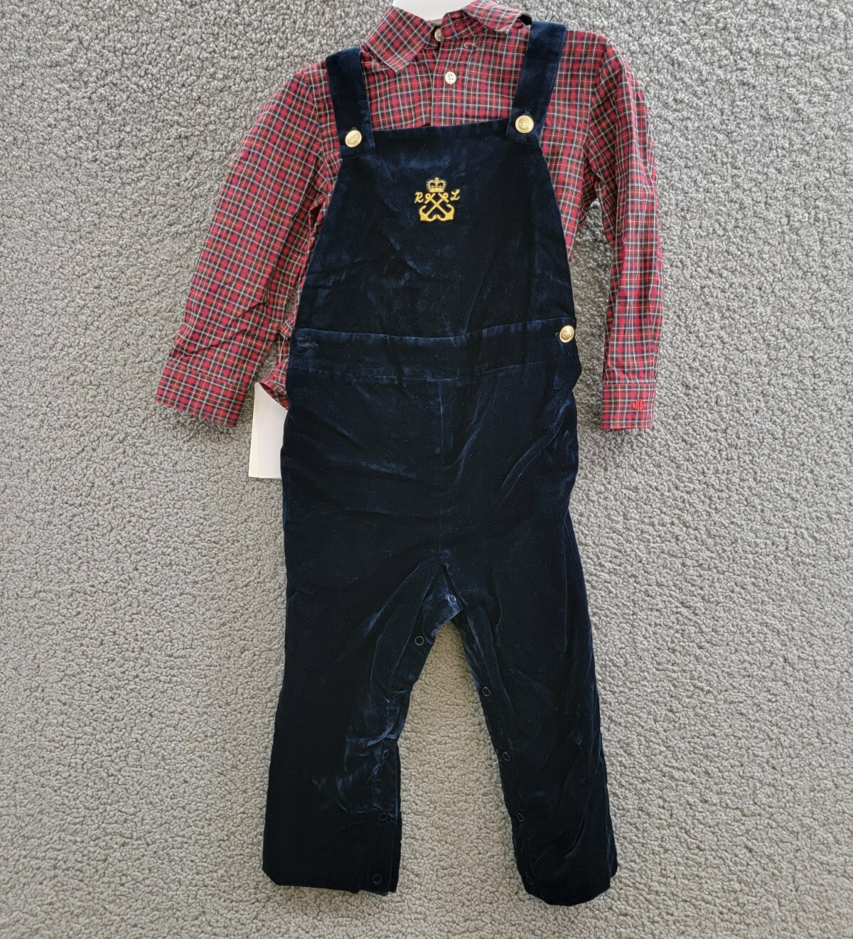 Ralph Lauren Plaid Shirt & Velvet Overall Set Little Boys 24M Navy Multi L/S - Picture 2 of 17