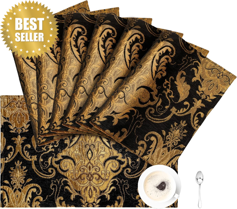 Luxury Chenille Placemats Set of 6, Classic Damask Jacquard Table Place Mats for