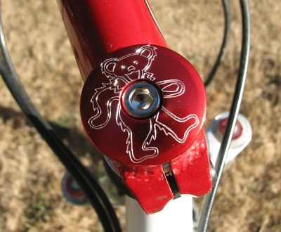 DANCING JERRY BEAR HEADSET STEM TOP CAP 1 1/8'' CUSTOM ENGRAVED GRATEFUL DEAD RED