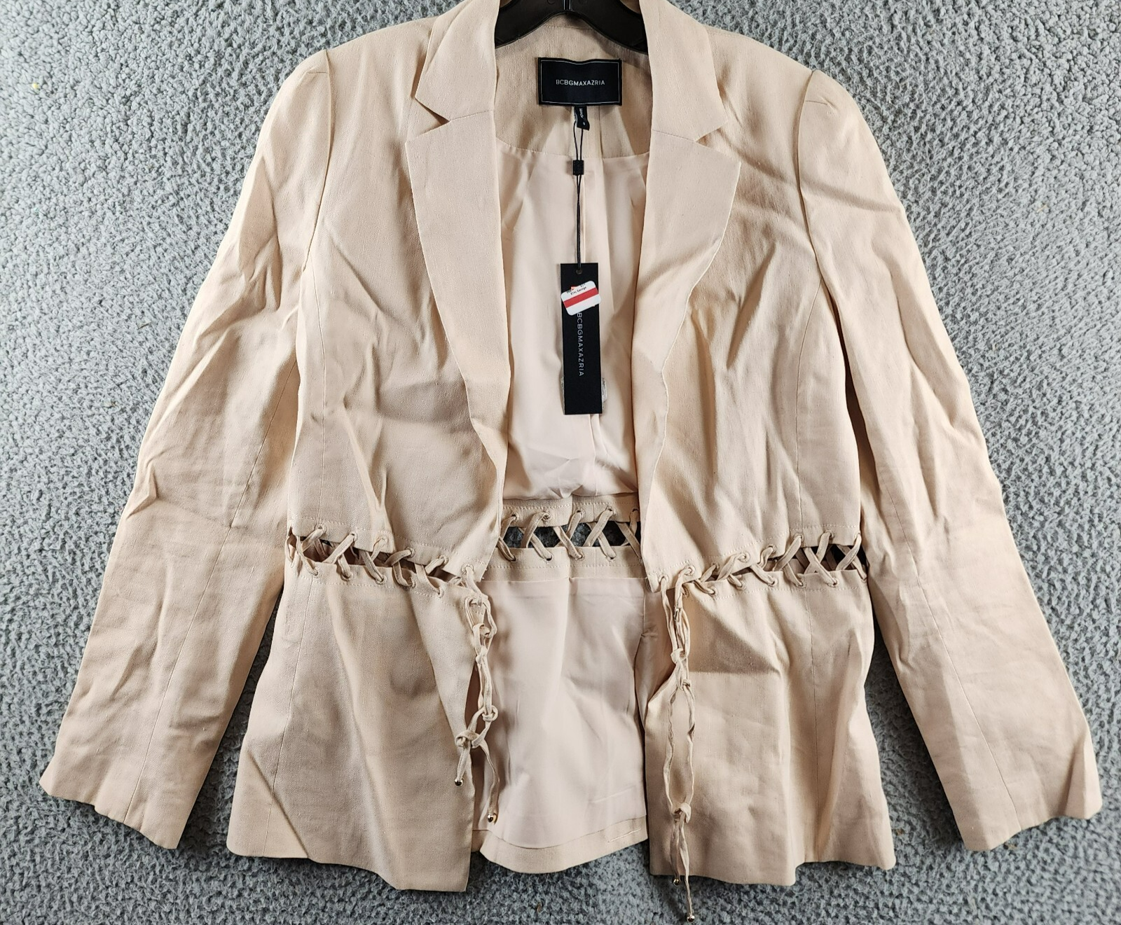 BCBGMAXAZRIA Linen Blend Lace Up Blazer Women's S Sand Long Sleeve Tie Closure - Picture 2 of 14