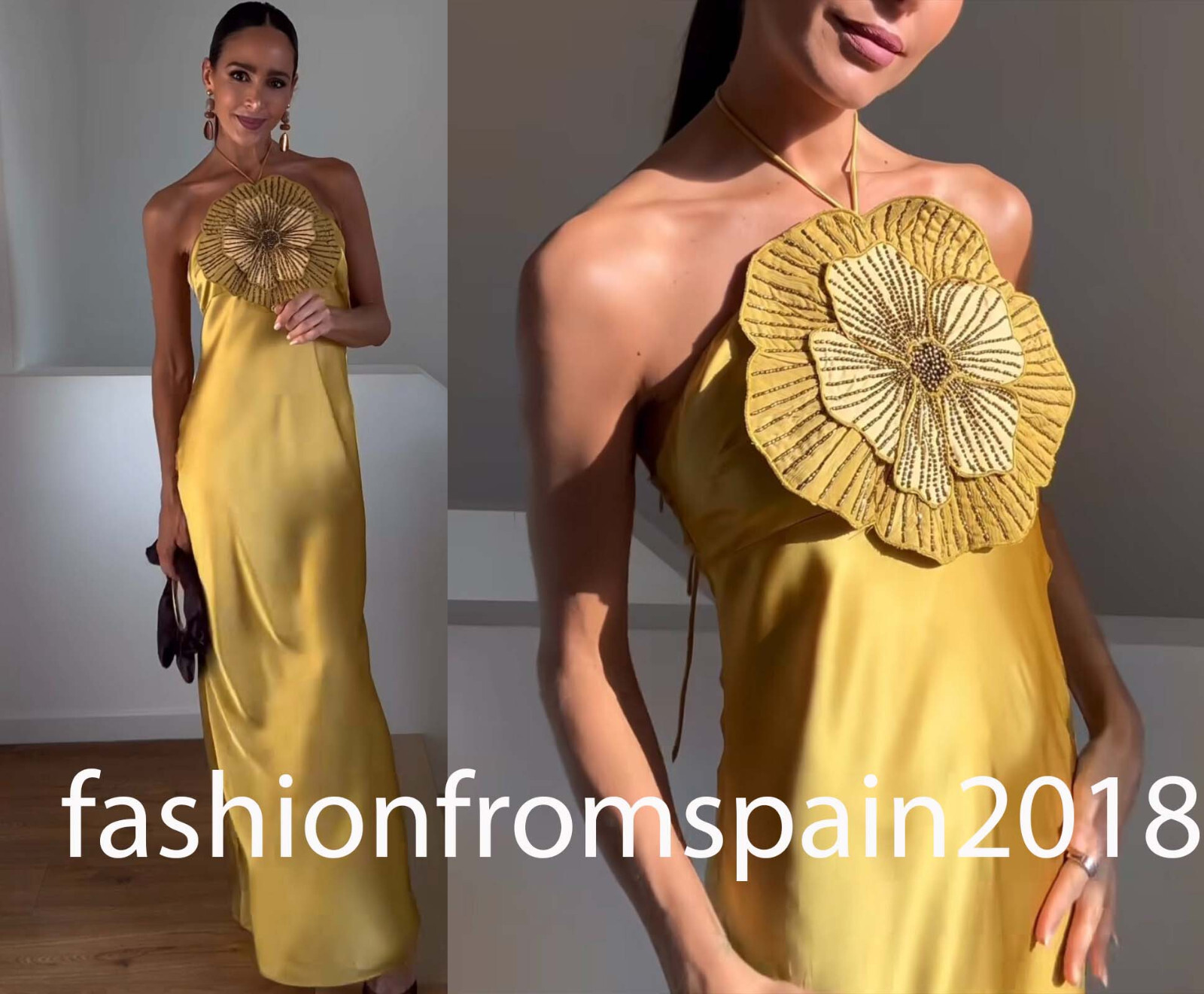 ZARA NEW WOMAN SS25 LONG SATIN EFFECT DRESS 3D FLOWER OLIVE
