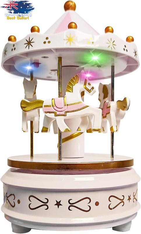 White Carousel Music Box LED Wind-Up Horse Plays Für Elise Night Light Gift